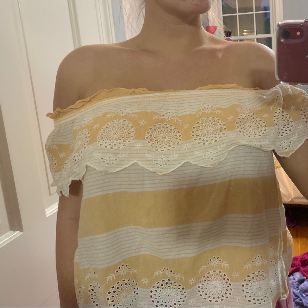 yellow and white striped strapless shirt size M